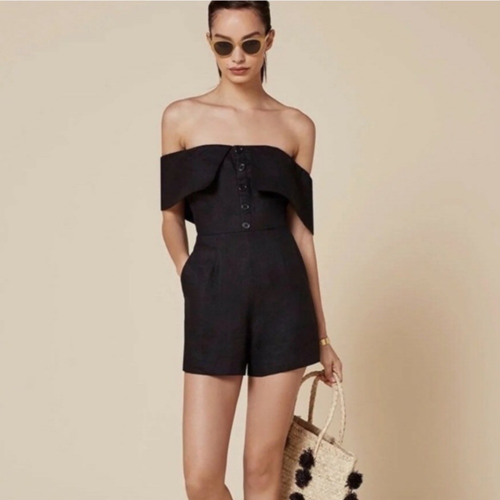 Like New Reformation off shoulder linen Frankie romper in black 2